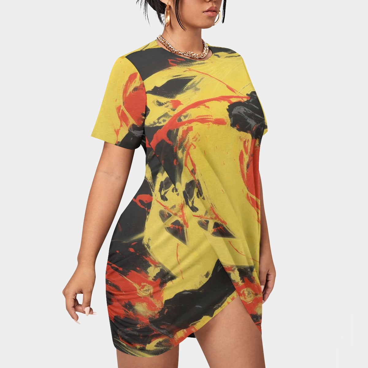 All-Over Print Women’s Stacked Hem Dress With Short Sleeve（Plus Size）