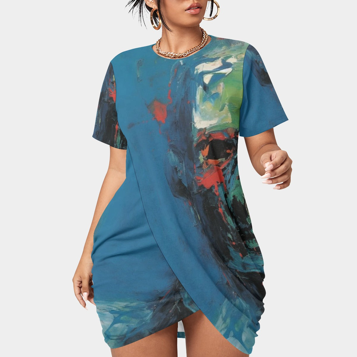 All-Over Print Women’s Stacked Hem Dress With Short Sleeve（Plus Size）