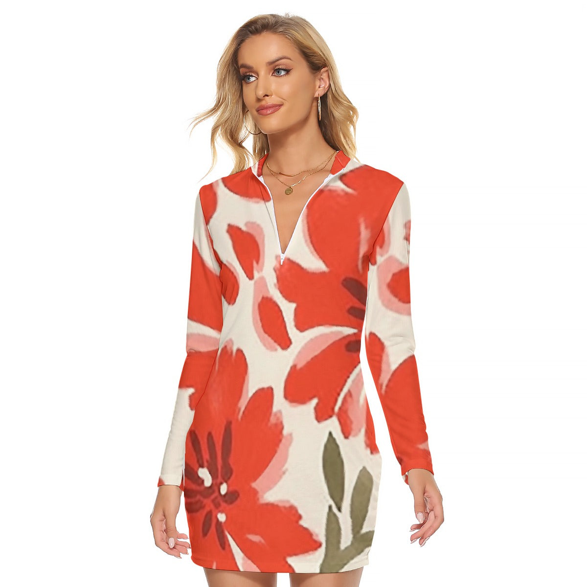 All-Over Print Women's Zip Front Tight Dress