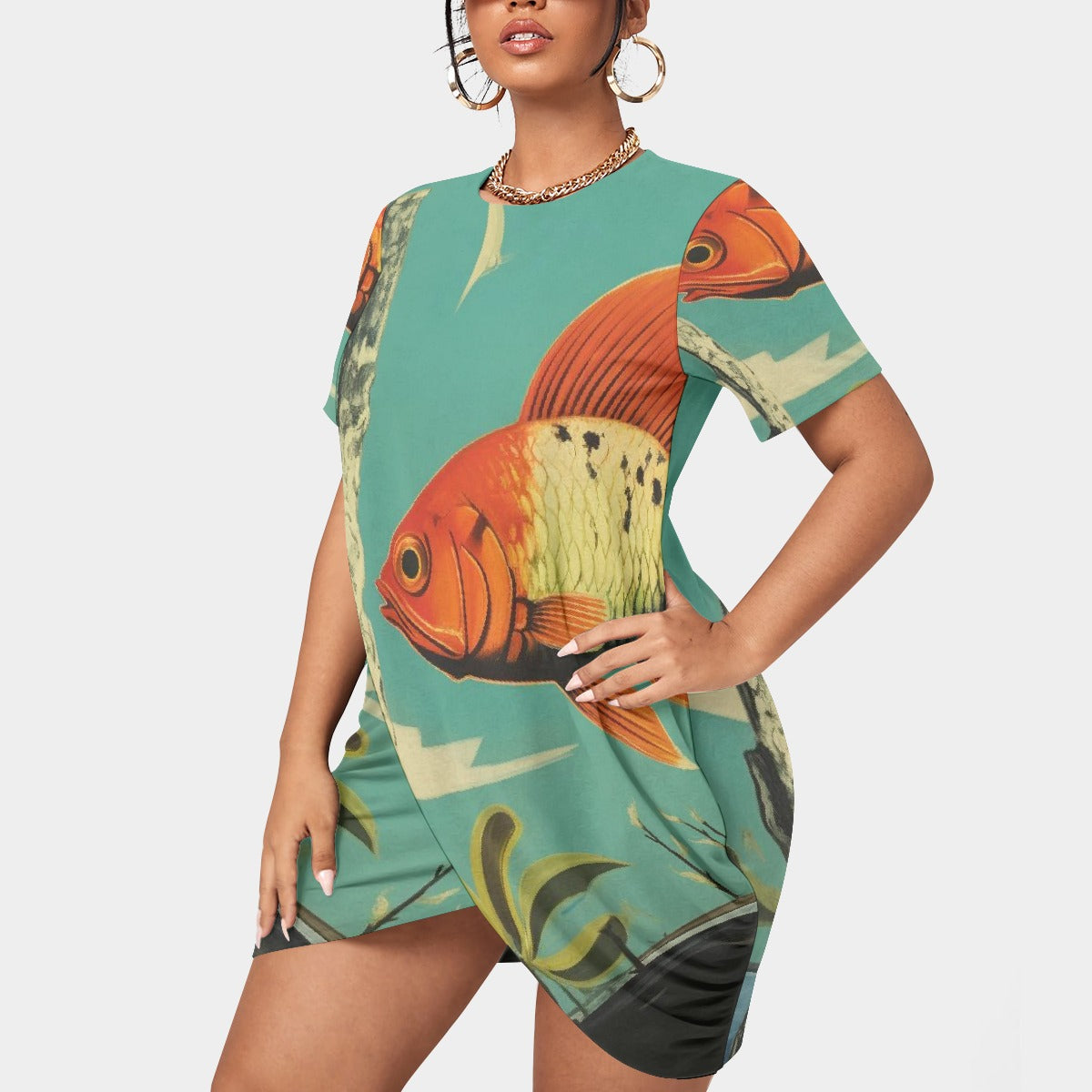 All-Over Print Women’s Stacked Hem Dress With Short Sleeve（Plus Size）