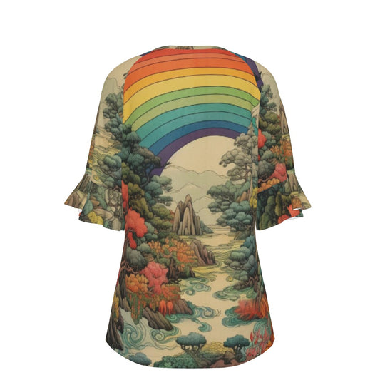 All-Over Print V-neck Women's T-shirt With Bell Sleeve