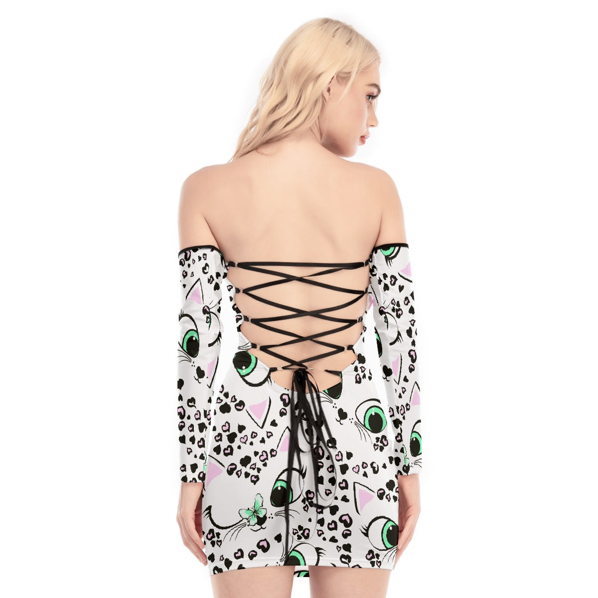 All-Over Print Women's Off-shoulder Back Lace-up Dress