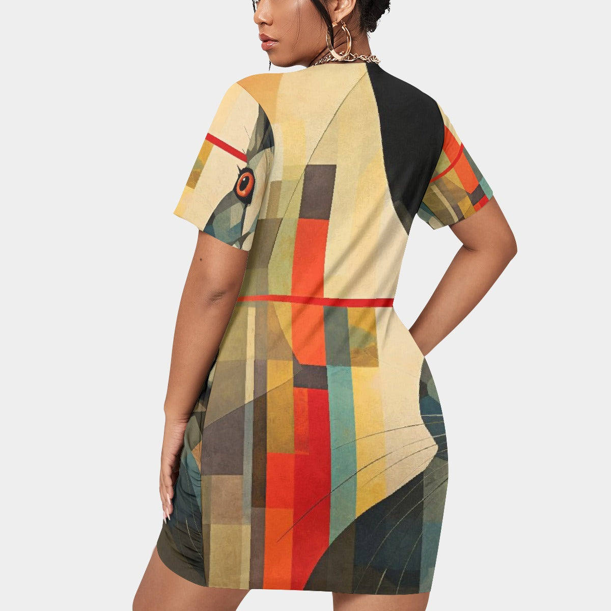 All-Over Print Women’s Stacked Hem Dress With Short Sleeve（Plus Size）