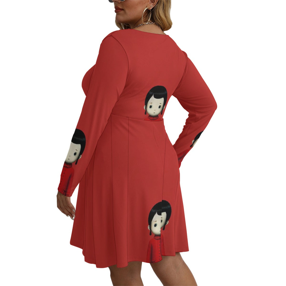 All-Over Print Women's V-neck Long Sleeve Dress(Plus Size)