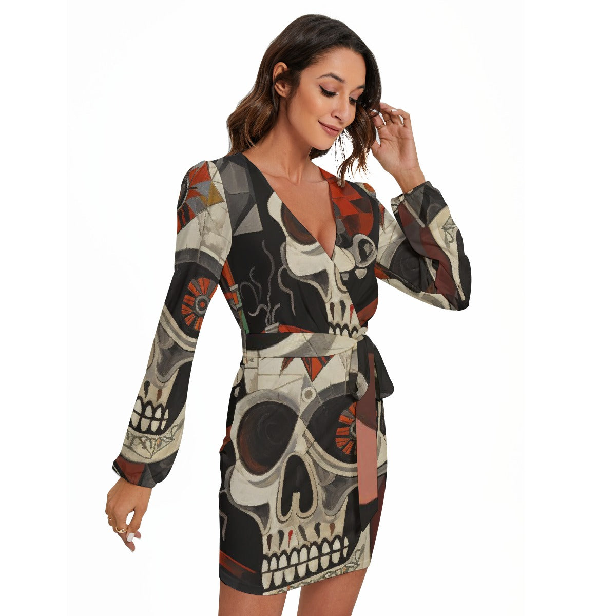 All-Over Print Women's Long Sleeve Dress With Waist Belt