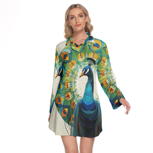 All-Over Print Women's Lapel Shirt Dress With Long Sleeve