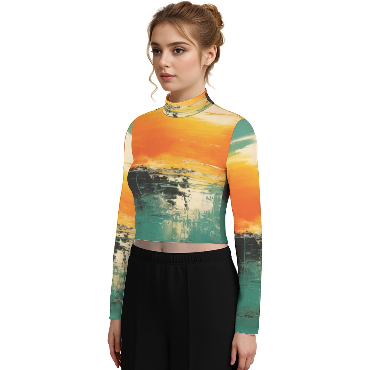 Eco-Friendly All-Over Print Women's Turtleneck T-shirt With Long Sleeve