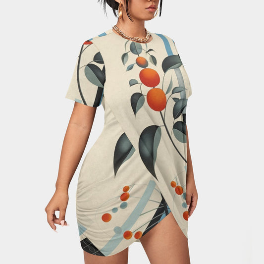 All-Over Print Women’s Stacked Hem Dress With Short Sleeve（Plus Size）