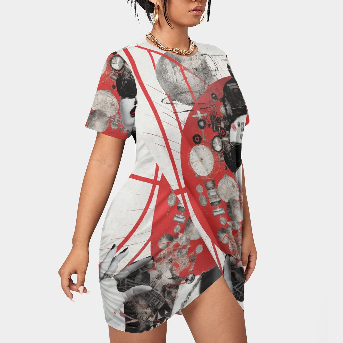 All-Over Print Women’s Stacked Hem Dress With Short Sleeve（Plus Size）