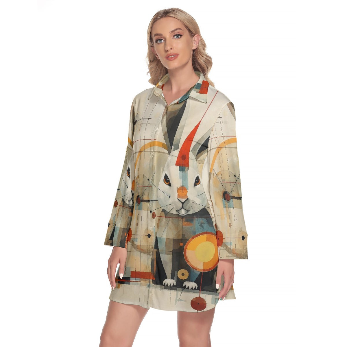 All-Over Print Women's Lapel Shirt Dress With Long Sleeve