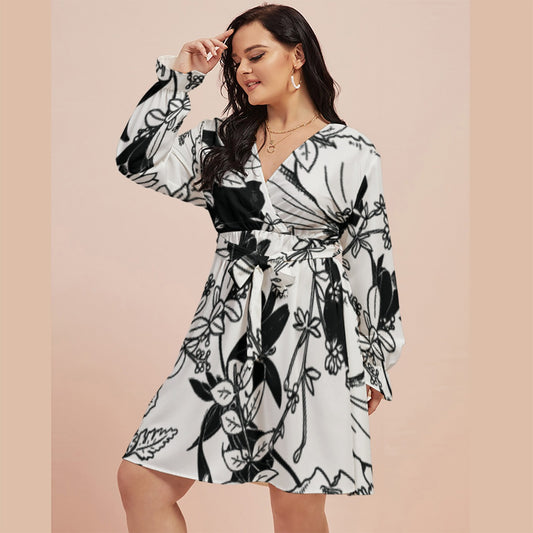 All-Over Print Women's V-neck Dress With Waistband(Plus Size)