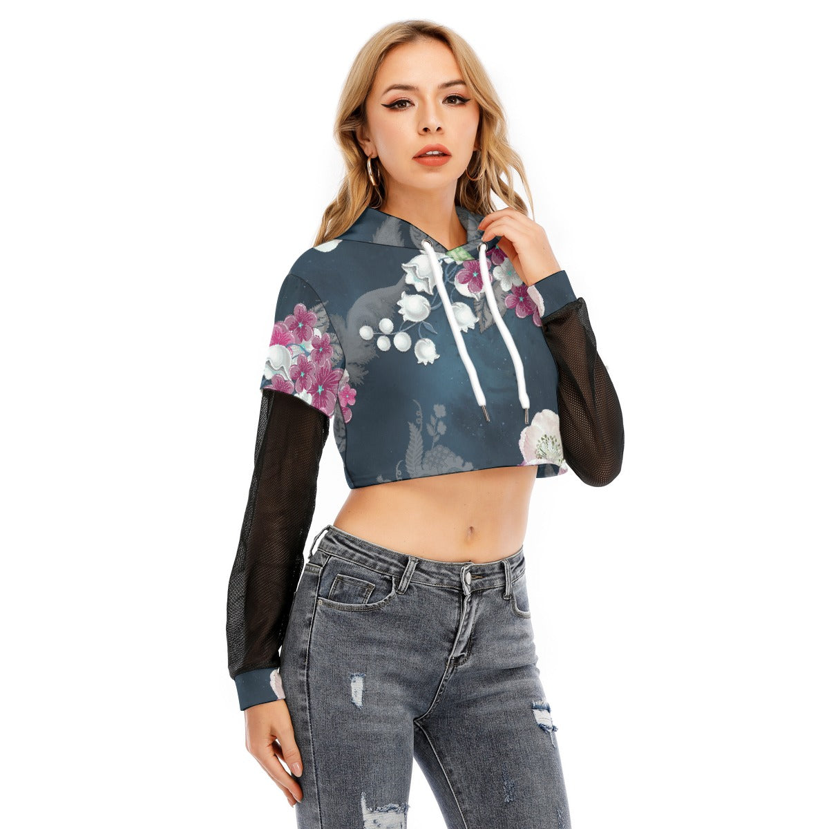 All-Over Print Women's Fake Two-piece Mesh Sleeve Cropped Hoodie