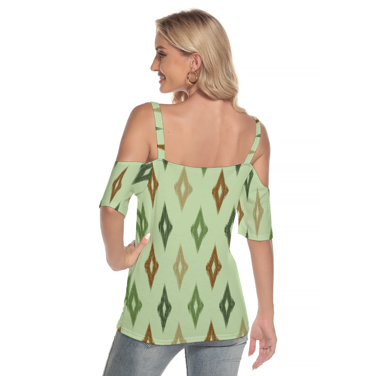 All-Over Print Women's Cold Shoulder T-shirt With Criss Cross Strips