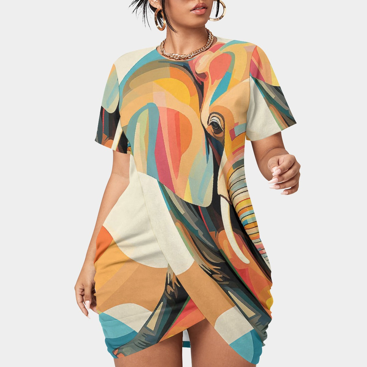 All-Over Print Women’s Stacked Hem Dress With Short Sleeve（Plus Size）