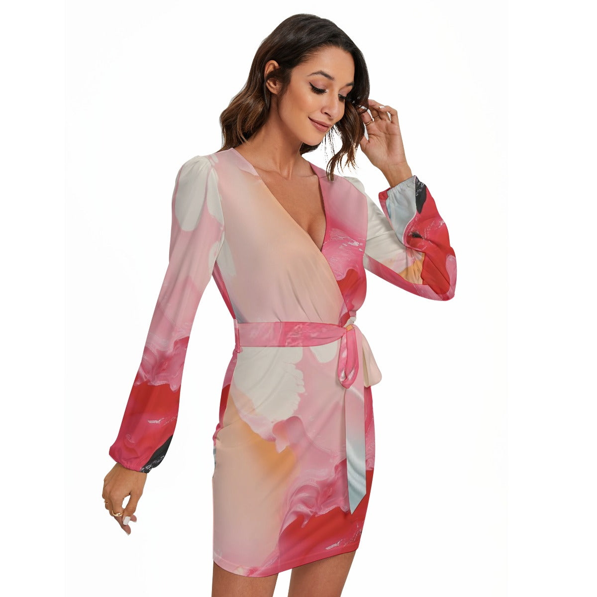 All-Over Print Women's Long Sleeve Dress With Waist Belt