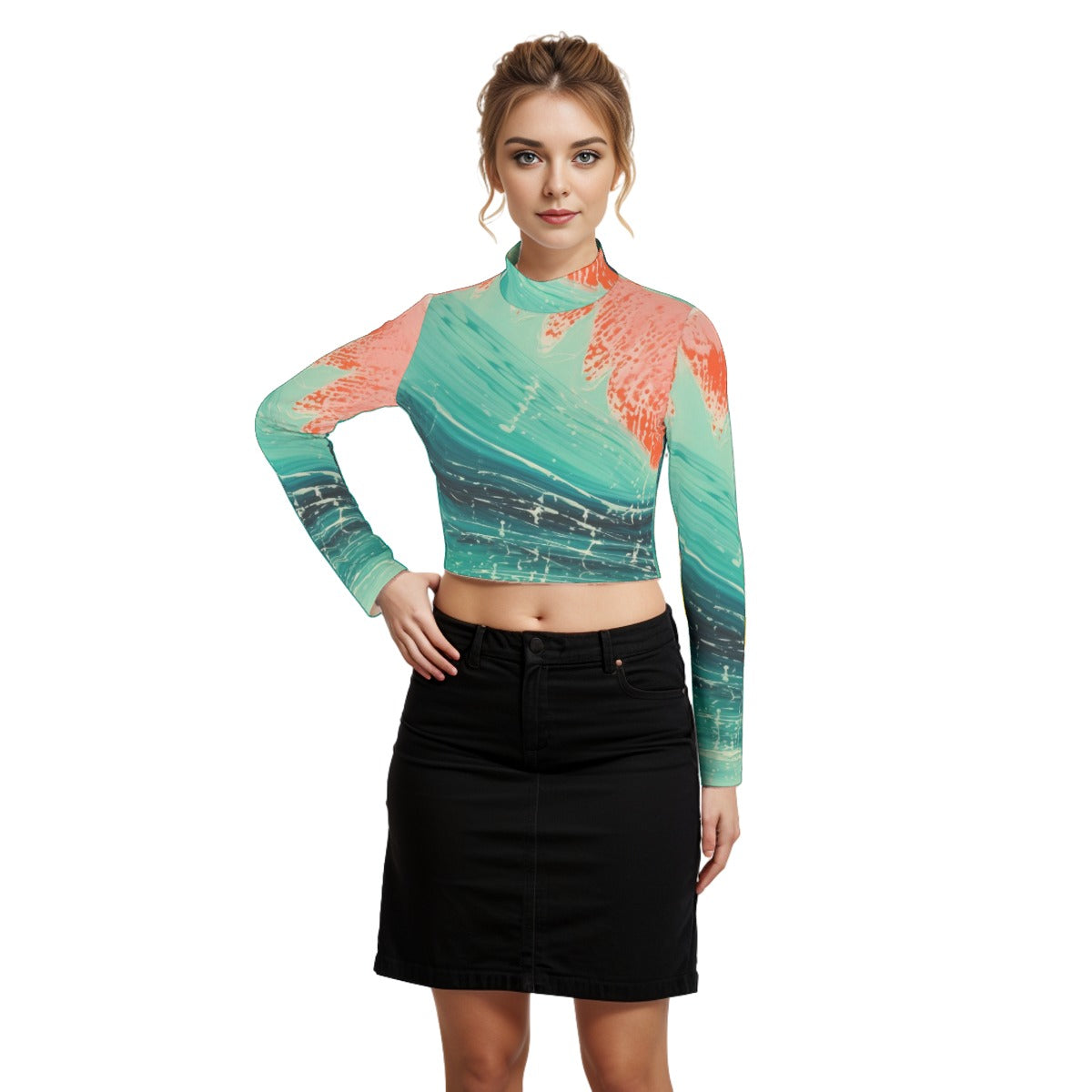 Eco-Friendly All-Over Print Women's Turtleneck T-shirt With Long Sleeve