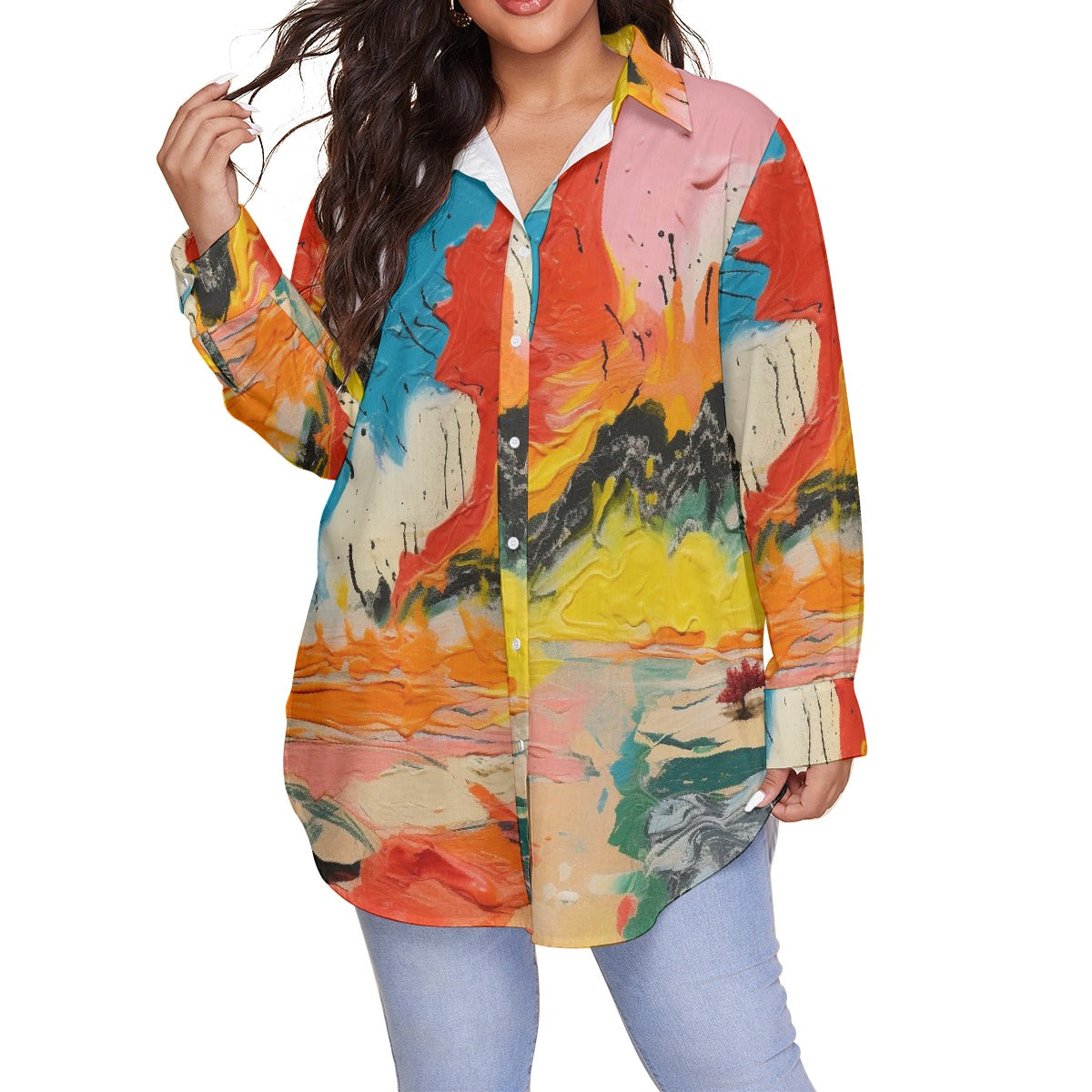 All-Over Print Women's Shirt With Long Sleeve(Plus Size)