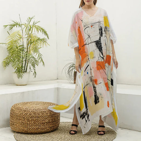 All-Over Print Women's Imitation Silk V-neck Kaftan Robe