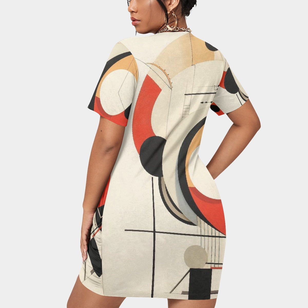 All-Over Print Women’s Stacked Hem Dress With Short Sleeve（Plus Size）