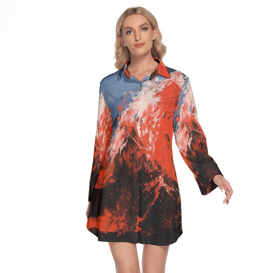 All-Over Print Women's Lapel Shirt Dress With Long Sleeve