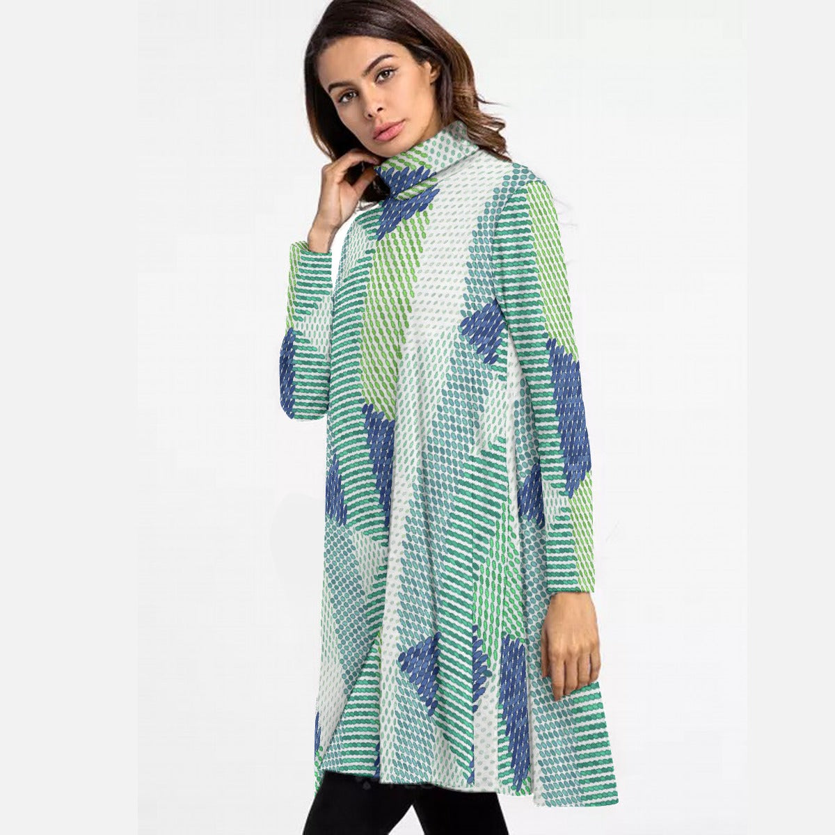 All-Over Print Women's High Neck Dress With Long Sleeve