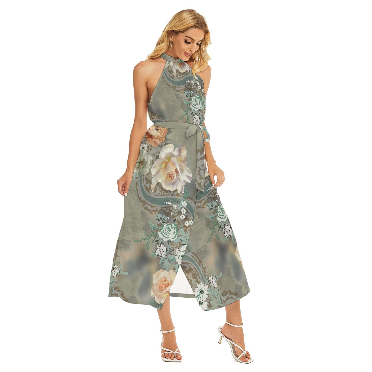 All-Over Print Women's Wrap Hem Belted Halter Dress