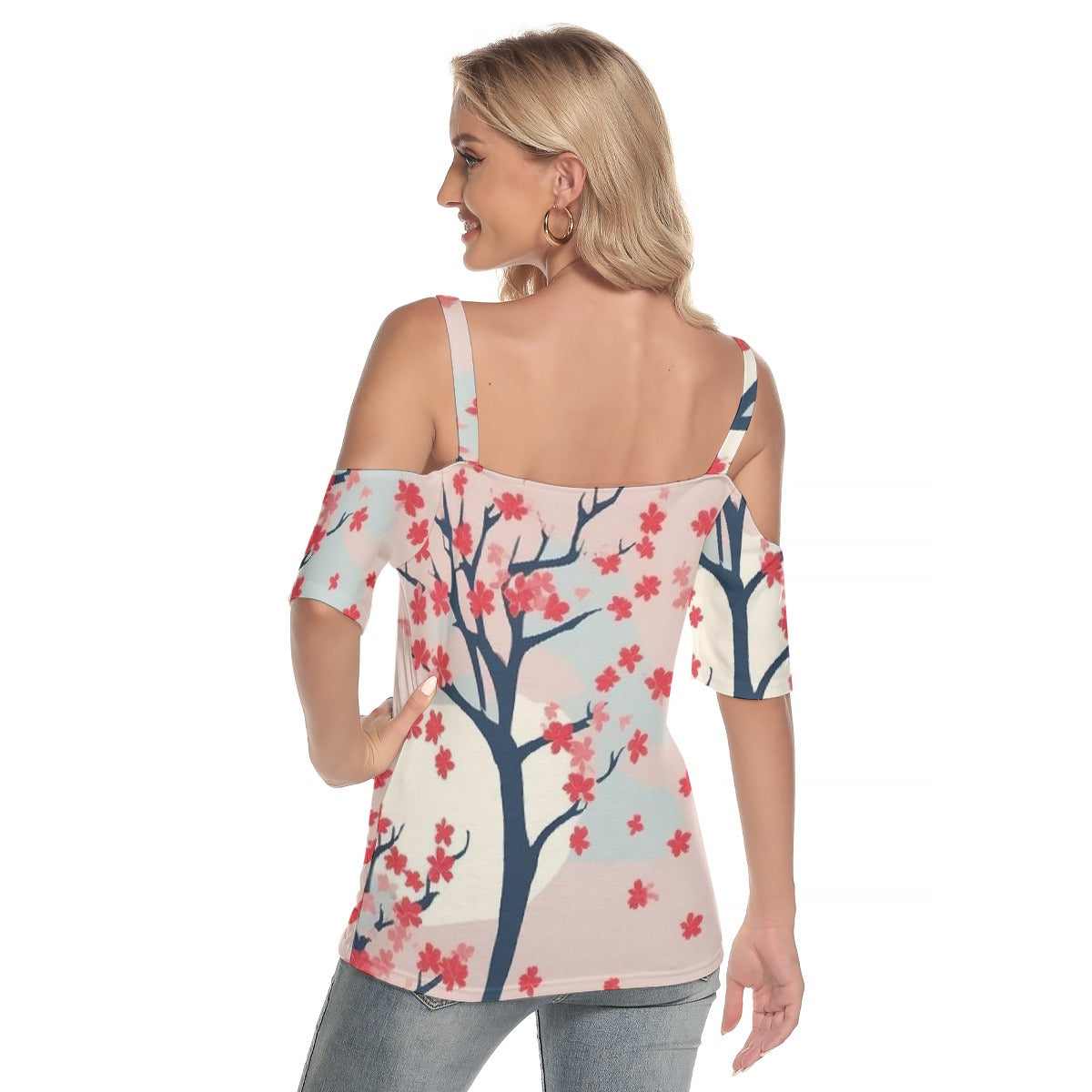 All-Over Print Women's Cold Shoulder T-shirt With Criss Cross Strips