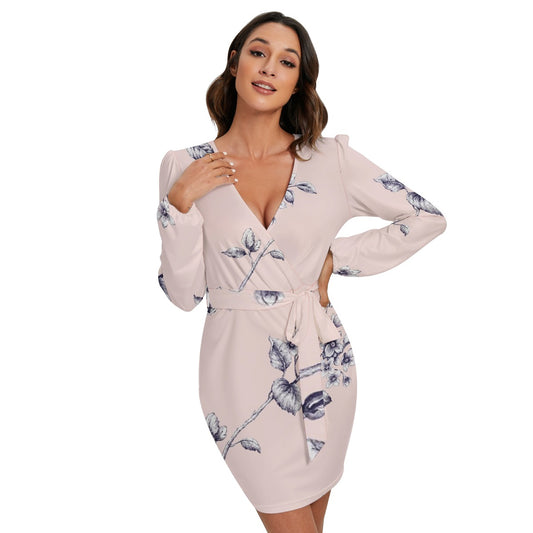 All-Over Print Women's Long Sleeve Dress With Waist Belt