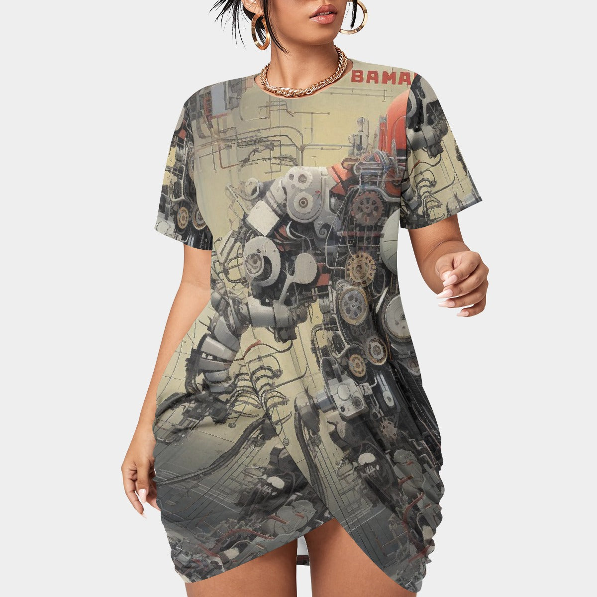 All-Over Print Women’s Stacked Hem Dress With Short Sleeve（Plus Size）