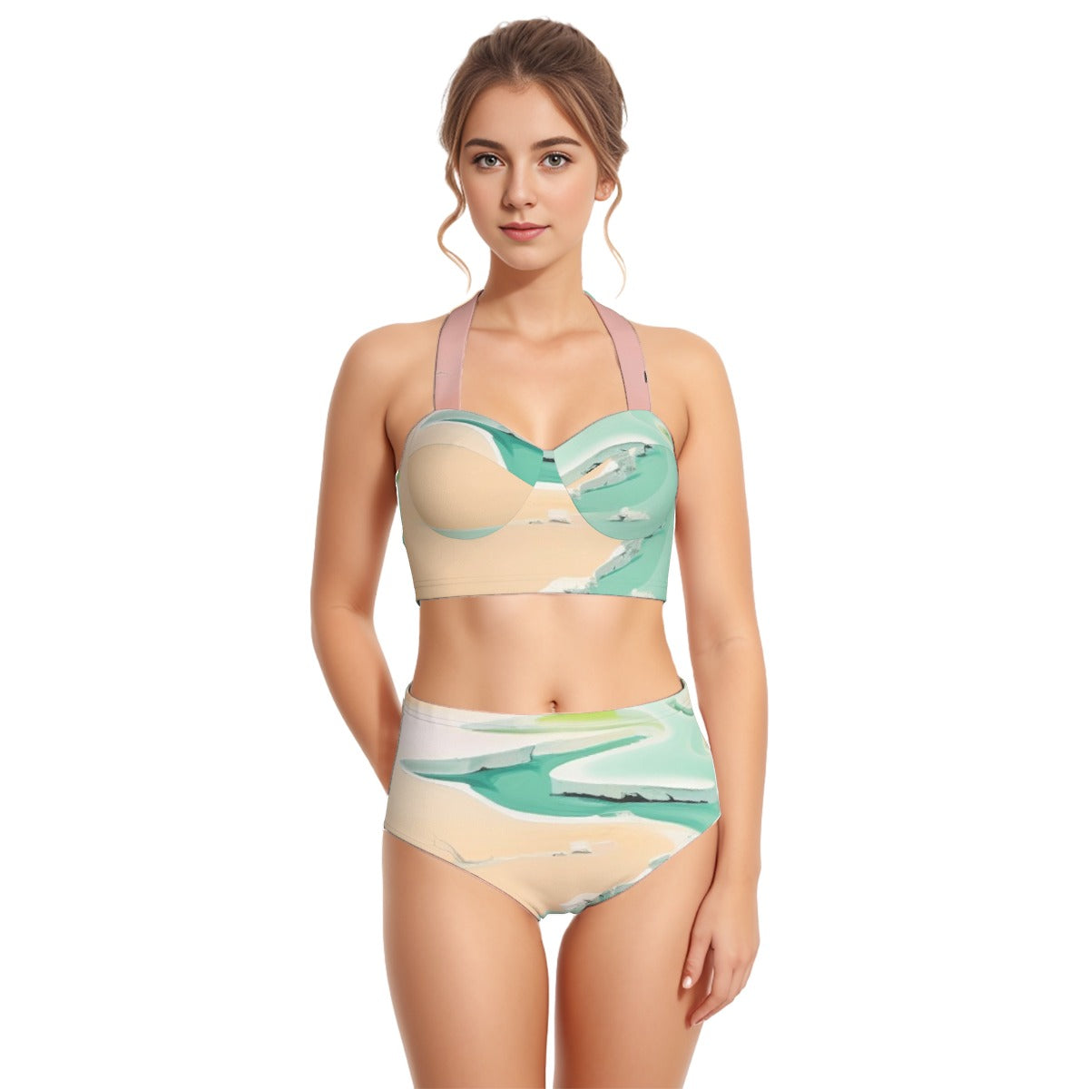 All-Over Print Women's Swimsuit Set With Halter