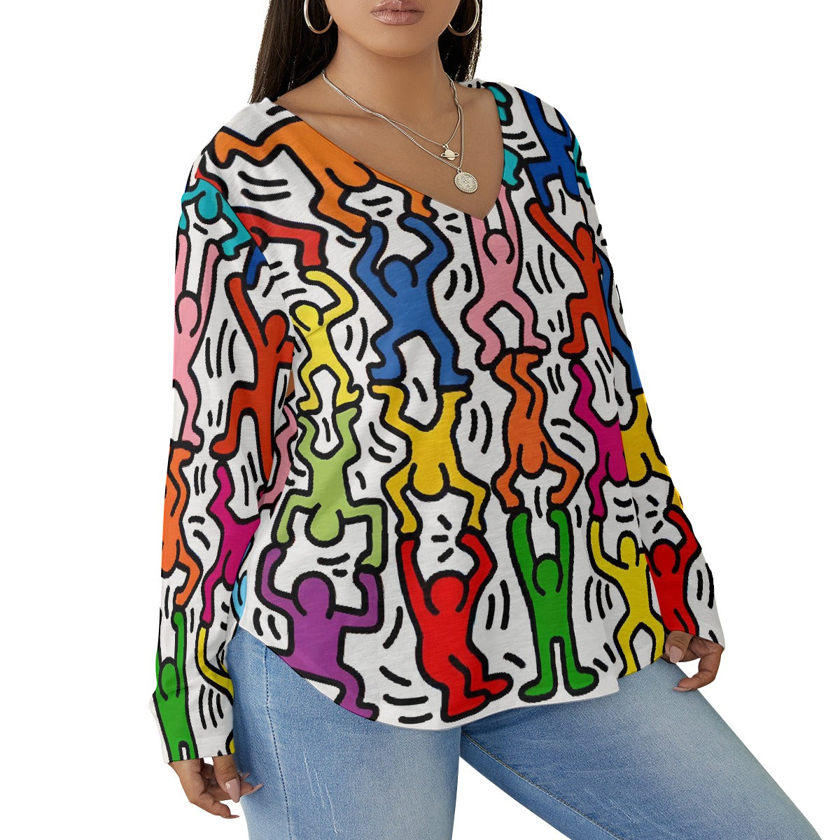 All-Over Print Women's V-neck T-shirt With Curved Hem(Plus Size)