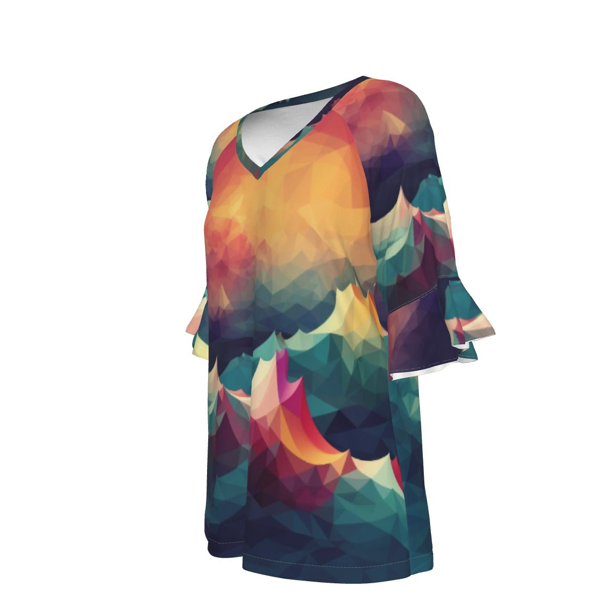 All-Over Print V-neck Women's T-shirt With Bell Sleeve