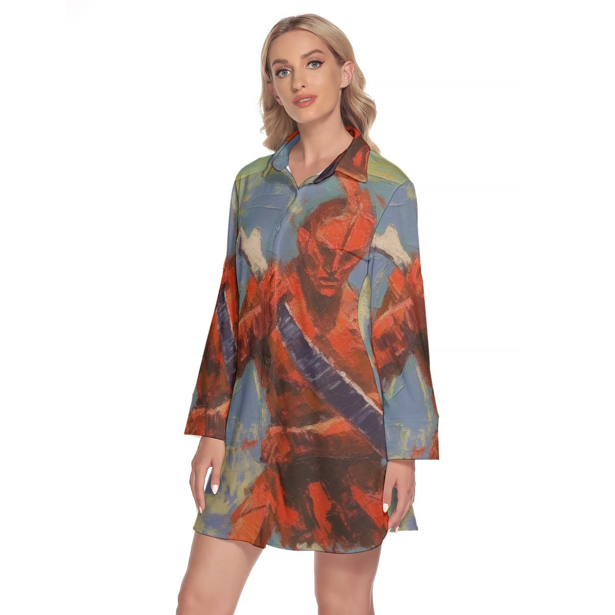 All-Over Print Women's Lapel Shirt Dress With Long Sleeve