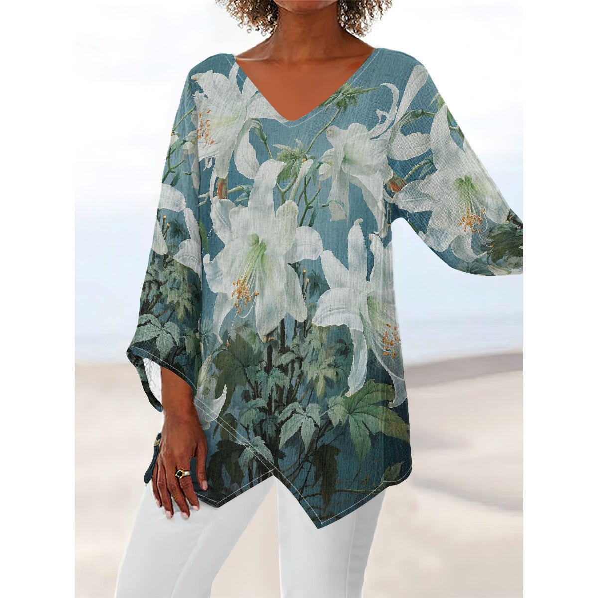 All-Over Print Women's V-neck T-shirt With Irregular Hem