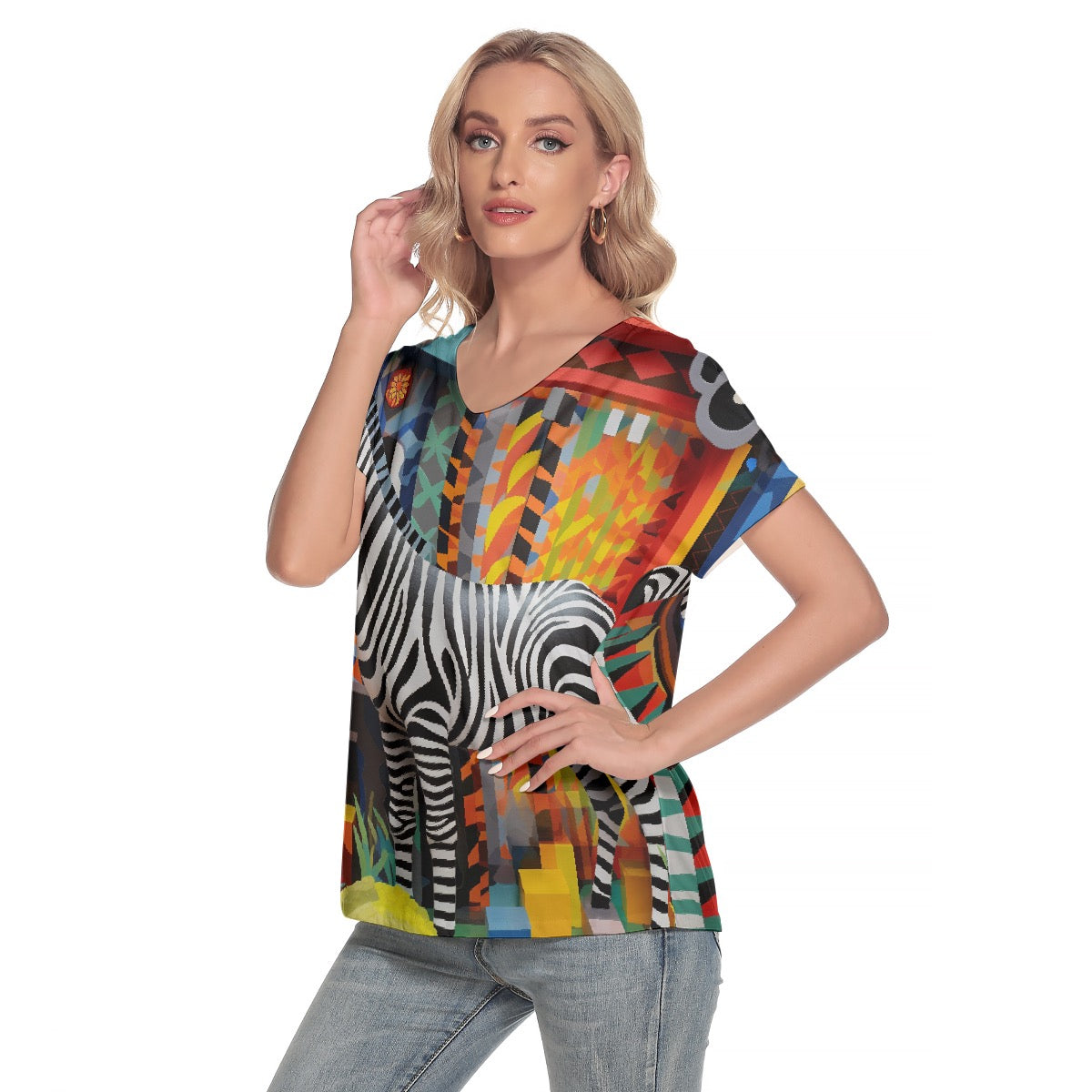 All-Over Print Women's Loose V-neck Short Sleeve T-shirt