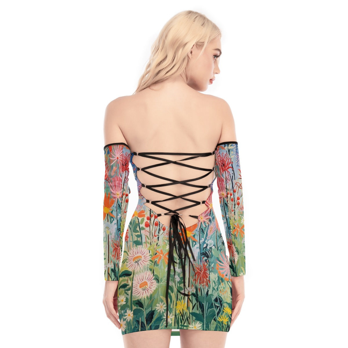 All-Over Print Women's Off-shoulder Back Lace-up Dress