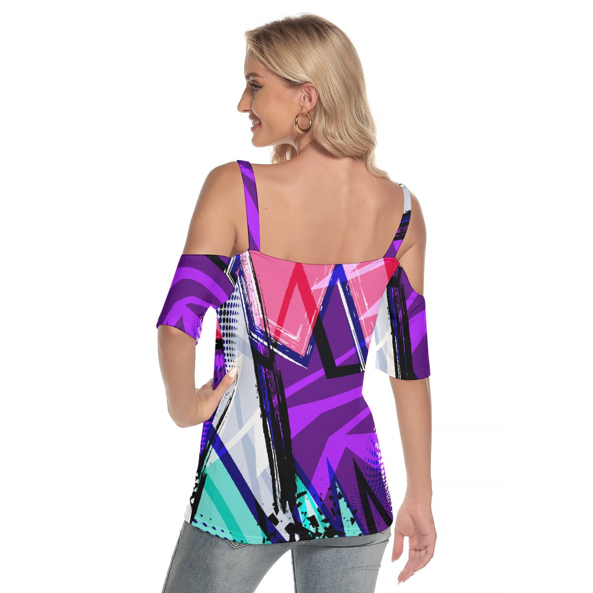 All-Over Print Women's Cold Shoulder T-shirt With Criss Cross Strips