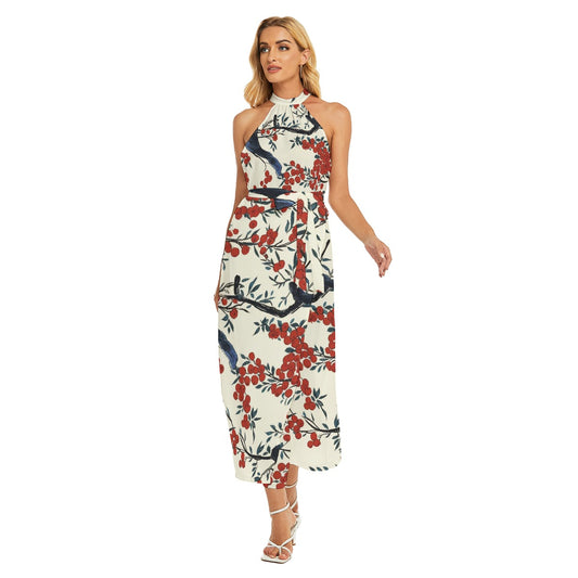 All-Over Print Women's Wrap Hem Belted Halter Dress