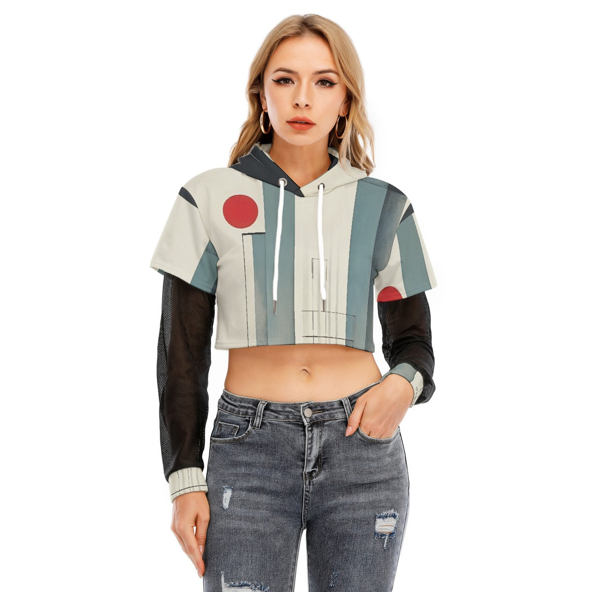 All-Over Print Women's Fake Two-piece Mesh Sleeve Cropped Hoodie