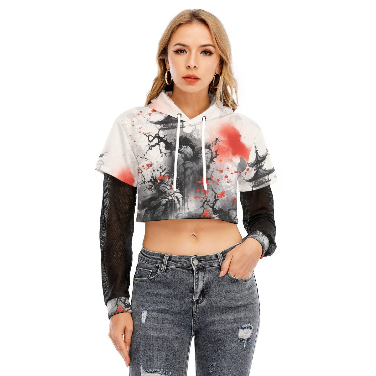 All-Over Print Women's Fake Two-piece Mesh Sleeve Cropped Hoodie