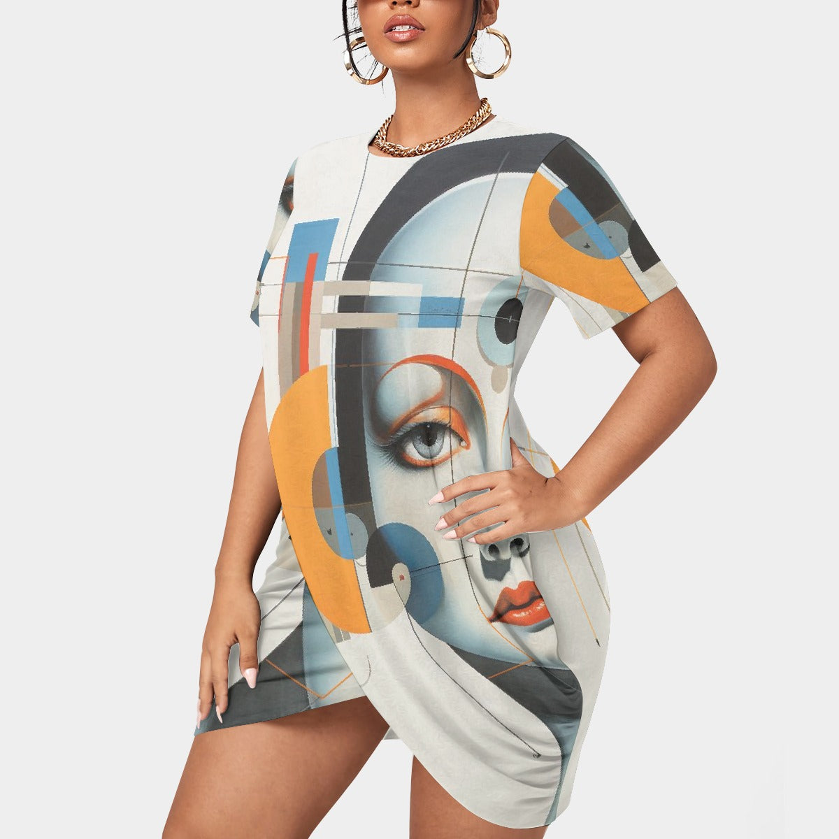 All-Over Print Women’s Stacked Hem Dress With Short Sleeve（Plus Size）