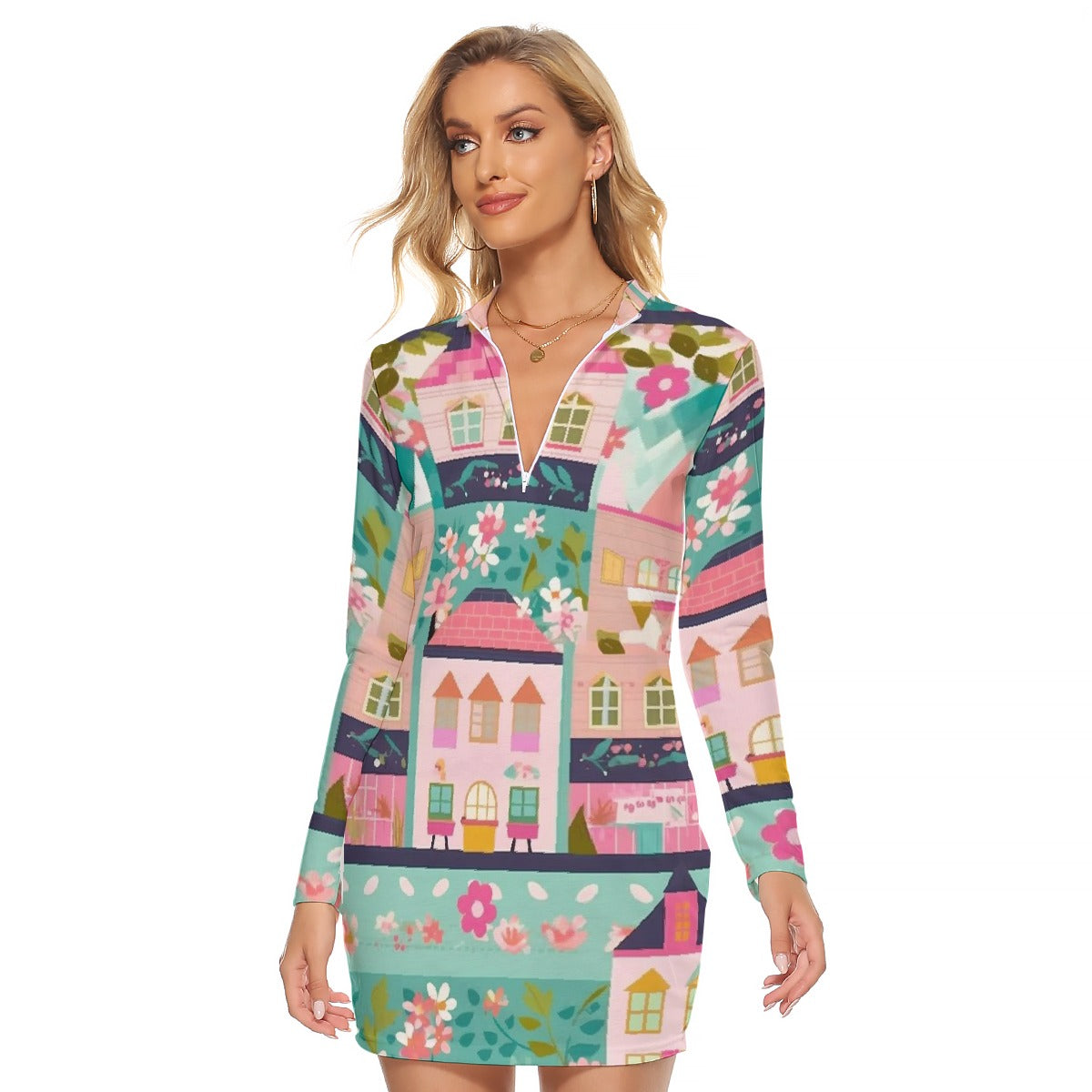 All-Over Print Women's Zip Front Tight Dress