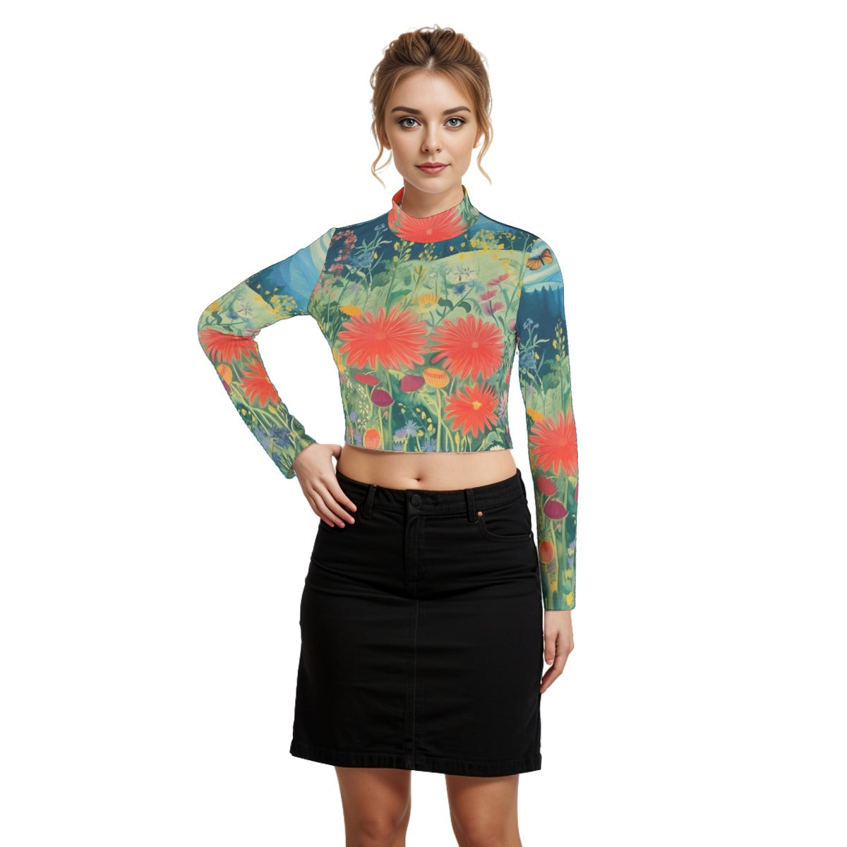 Eco-Friendly All-Over Print Women's Turtleneck T-shirt With Long Sleeve