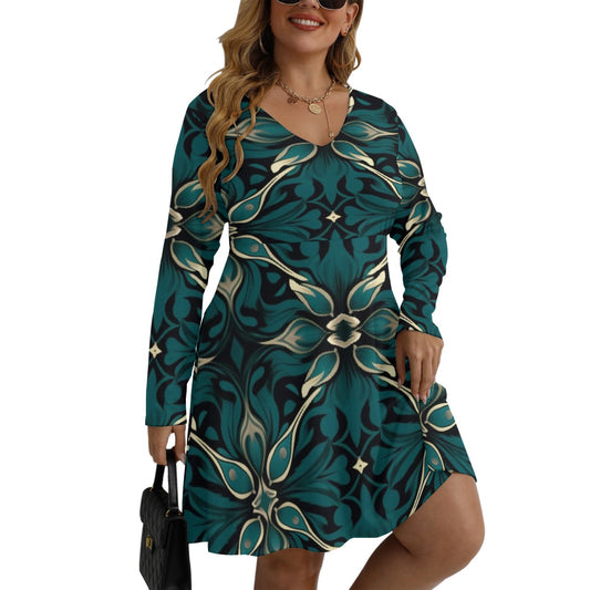 All-Over Print Women's V-neck Long Sleeve Dress(Plus Size)