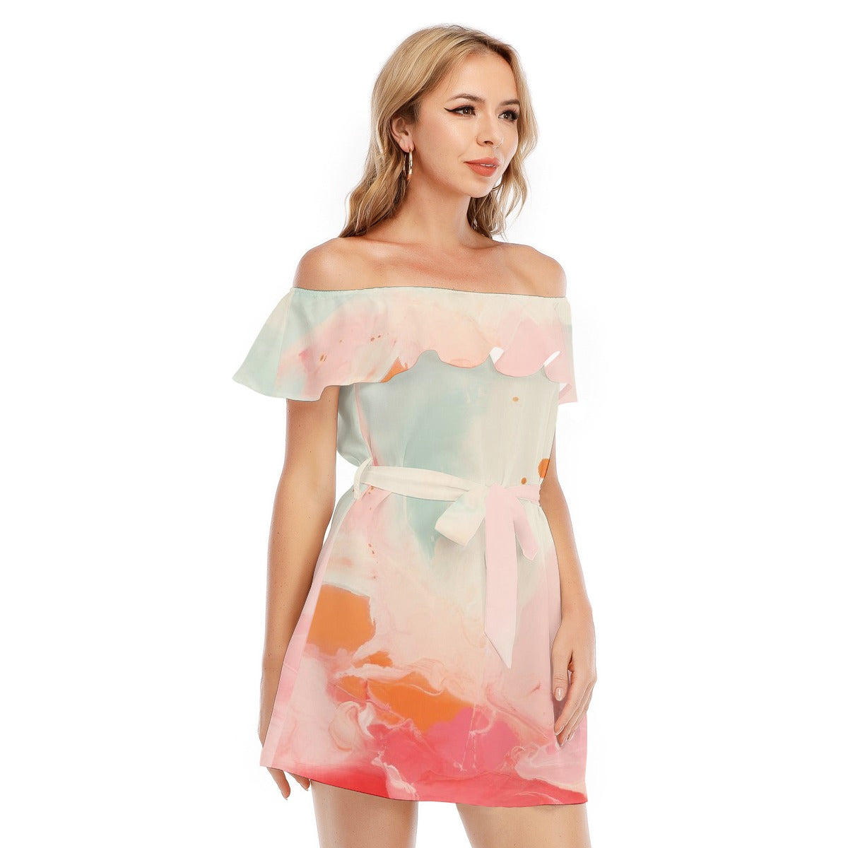 All-Over Print Women's Off-shoulder Dress With Ruffle