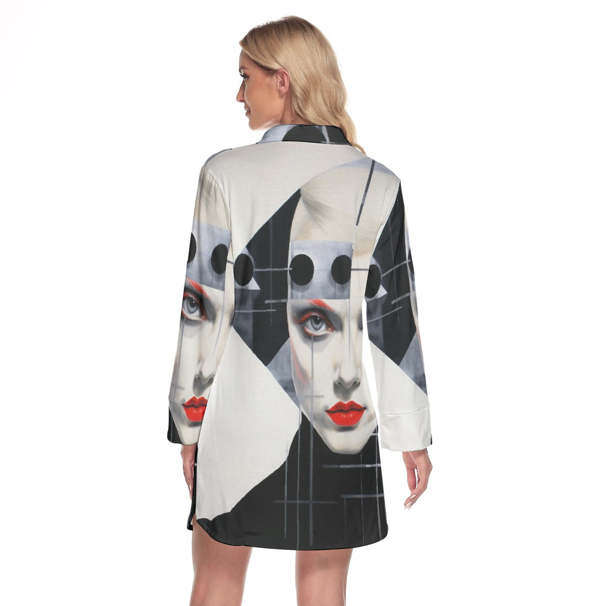 All-Over Print Women's Lapel Shirt Dress With Long Sleeve