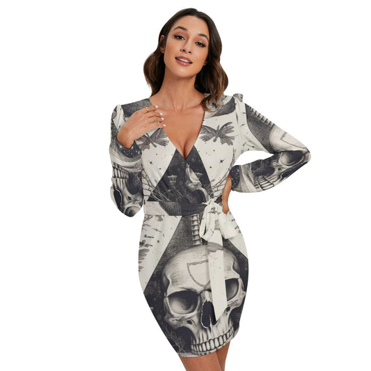 All-Over Print Women's Long Sleeve Dress With Waist Belt