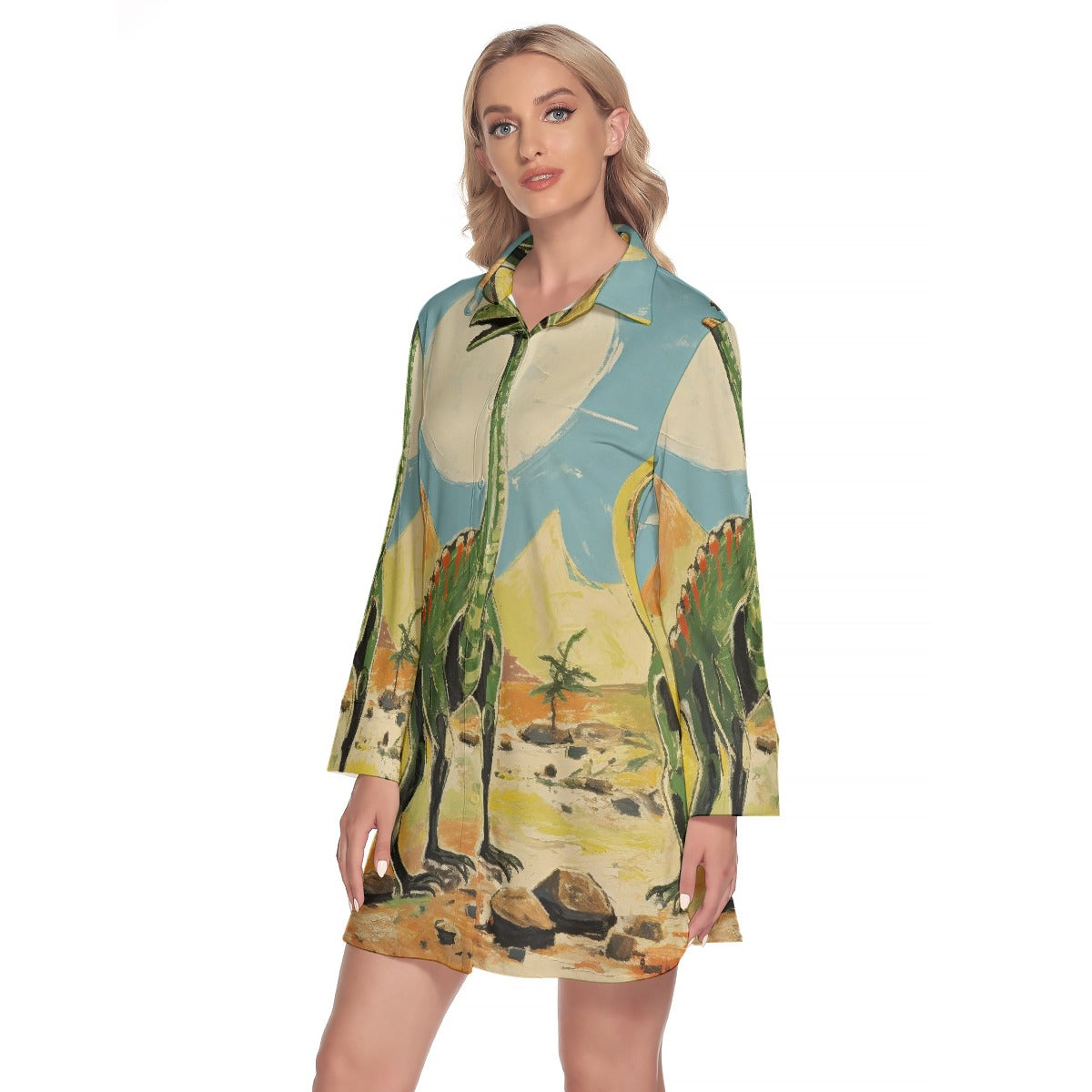 All-Over Print Women's Lapel Shirt Dress With Long Sleeve