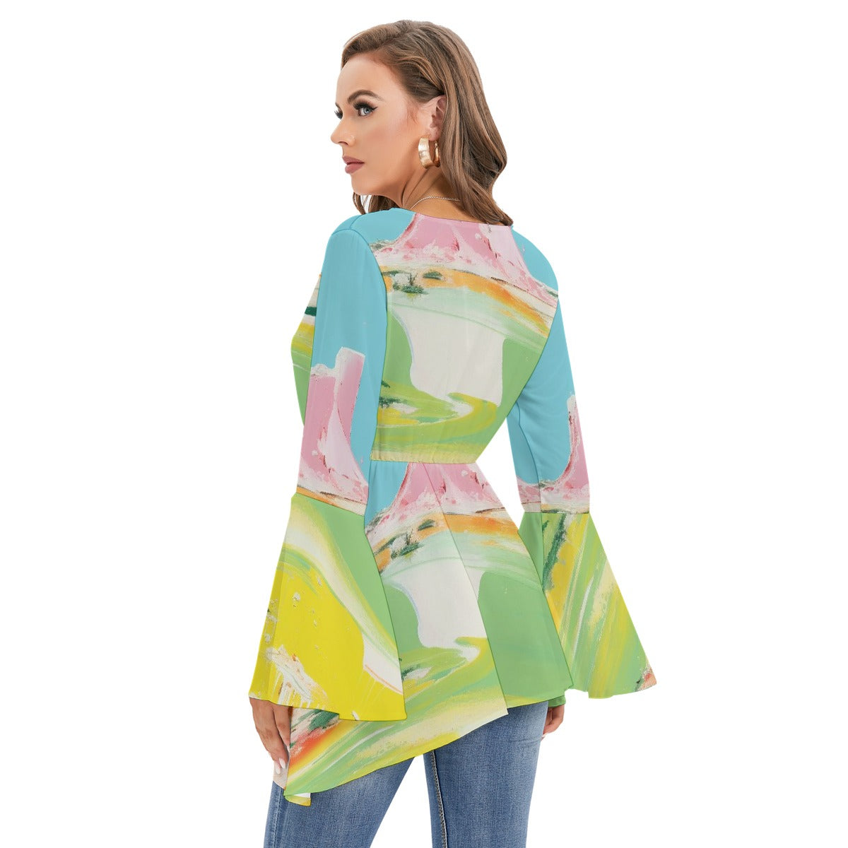 All-Over Print Women's V-neck Blouse With Flared Sleeves