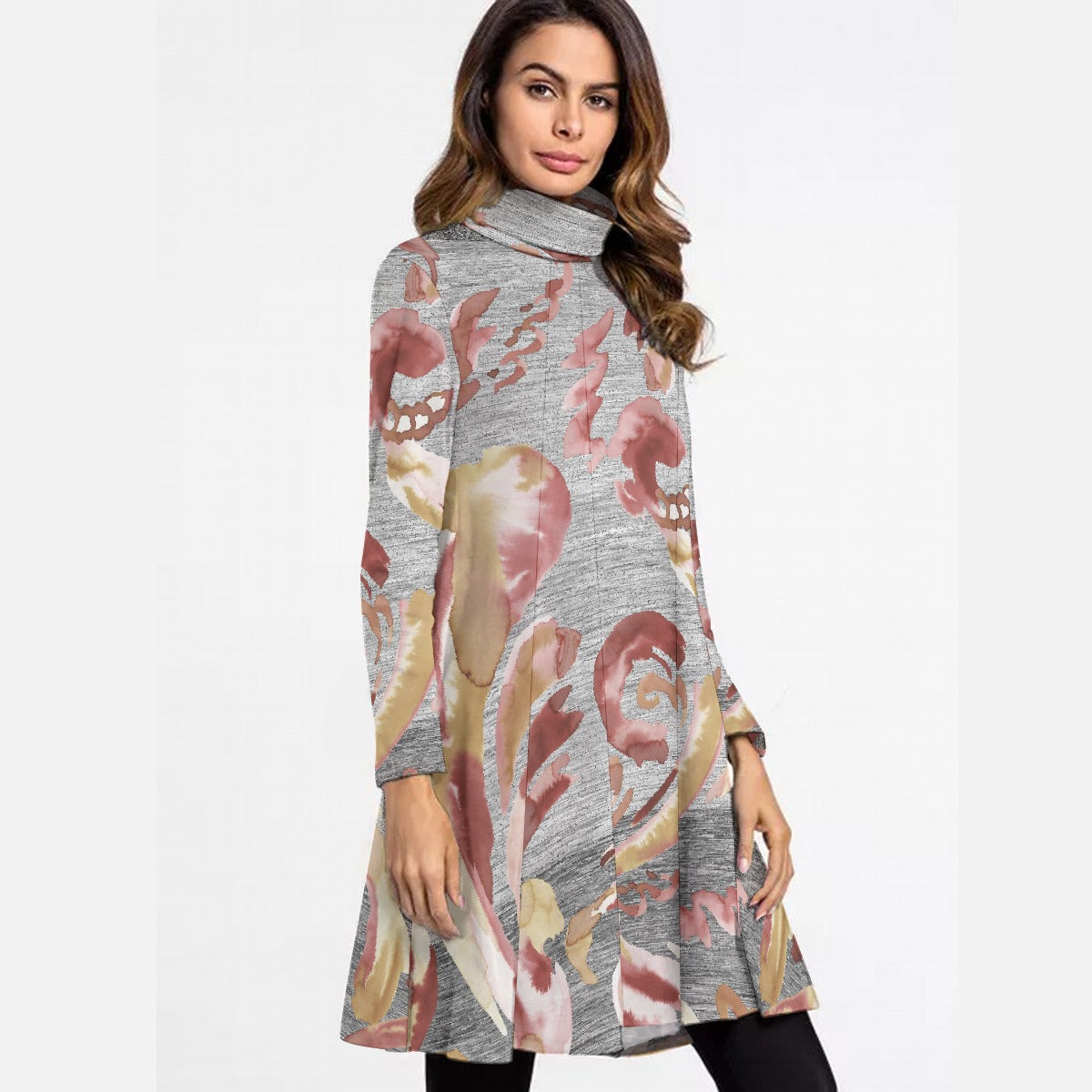 All-Over Print Women's High Neck Dress With Long Sleeve